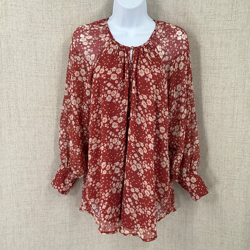 LC Lauren Conrad Blouse Women S Rust Red Floral Boho Long Sleeve Keyhole Top